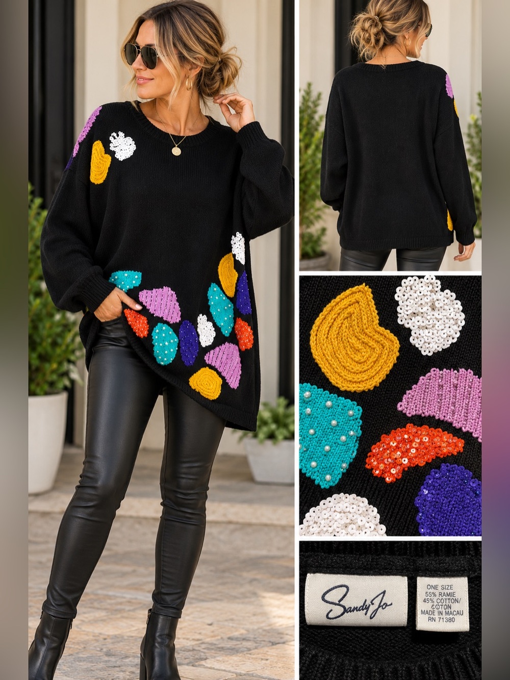 Vintage Sandy Lo Black Abstract Embroidered Sequin Sweater OS